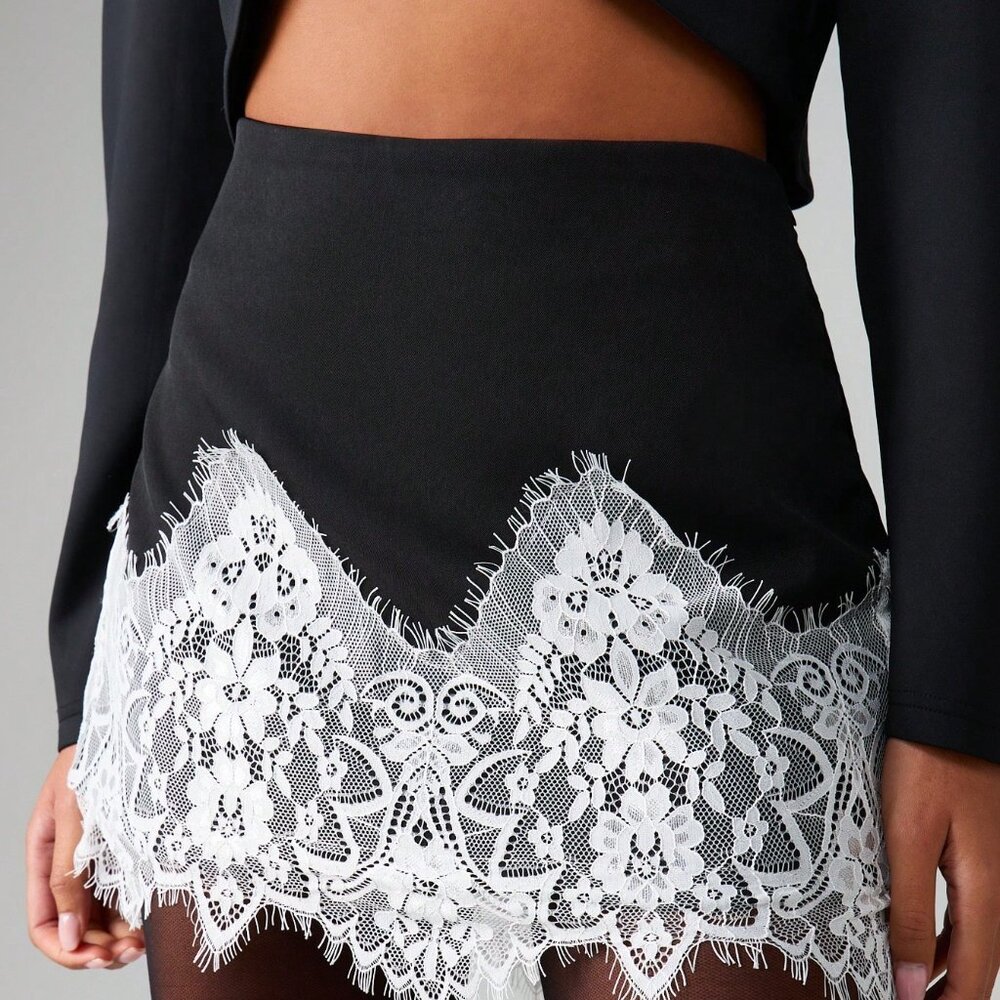 Black and White High Preppy Womens Waisted Mini Skirt w/Eyelash Lace Hem - Picture 5 of 5